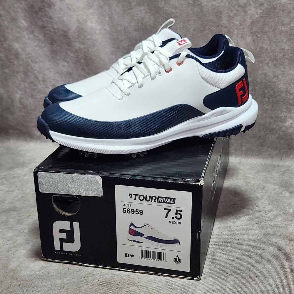 FootJoy Tour Rival Mens Golf Shoes 7.5 M White Navy Red Spiked 56959 NEW